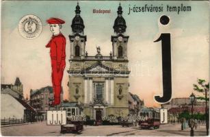 Budapest VIII. Józsefvárosi templom, villamosok. Gabel System ABC montázslap a J betűvel, analfabéta teszt