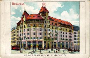 Budapest XIII. Krayer E. és Társa Festékudvar, villamos. Váci út 34. Art Nouveau litho reklám - Üdvözlet a Tavaszi vásárról!
