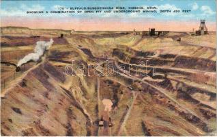 1939 Hibbing (Minnesota), Buffalo-Susquehanna Mine. Showing a combination of open pit and underground mining, depth 450 feet, industrial railway, train