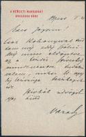 Várady Zsigmond (1865-1913) országgyűlési képviselő, jogi doktor, ügyvéd a Nemzeti Munkapárt Országos Köre tagjának sajátkézzel írt levele, a párt fejléces papírján.