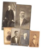 cca 1900-1910 Férfiportrék, 6 db keményhátú fotó (kabinetfotó, vizitkártya), vegyes állapotban, 10x6 cm és 17,5x10 cm között