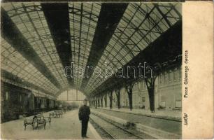 Lviv, Lwów, Lemberg; Peron Glównego dworca / railway station, main platform, train, railwayman (Rb)