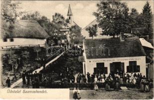 1910 Szarvaskend (Körmend), Isten hozott felirat, ünnepség, Hotel és fogyasztási szövetkezet üzlete (EK)