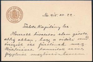 1915 Dr. Balás Elemér nagyváradi királyi törvényszéki elnök saját kézzel írt levele fejléces kártyán, 8,5x13 cm