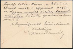 1915 Dr. Balás Elemér nagyváradi királyi törvényszéki elnök saját kézzel írt levele fejléces kártyán...