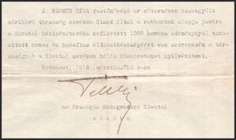 1918 Országos Hadigondozó Hivatal gépelt levele: "A WÁGNER GÉZA (1879-1939) festőművész úr műte...
