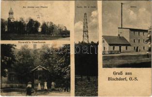1914 Biskupice, Bischdorf (Oberschlesien); Ev. Kirche und Pfarrei, Turm, Mühle, Nowaks Gasthaus / Lutheran church and parish, tower, mill, inn, bicycles (EK)