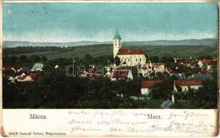 1907 Márcfalva, Marz; látkép, templom. Samuel Schön kiadása / general view, church + "NAGYKANIZSA - WIEN 24 B" vasúti mozgóposta bélyegző (EB)