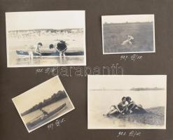 cca 1920-1930 Régi fényképalbum kb. 60 db fotóval (kirándulások, utazások képei, stb.), vegyes méretben, zsinórfűzéses albumban, 23x15,5 cm