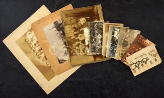 cca 1900-1930 Társaságok, csoportképek, 10 db régi fotó és fotólap, vegyes állapotban, 13,5x8,5 cm és 30x24 cm között