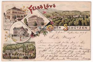 1897 (Vorläufer) Felsőlövő, Oberschützen; Hotel, Villa, Pensionat, Schulanstalten / szálloda, villa, nevelő- és tanintézetek / hotel, villa, school. Schneider & Lux Art Nouveau, flora, litho (fl)