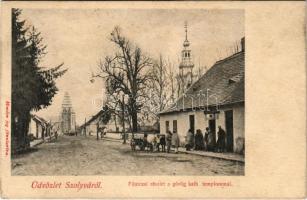 1908 Szolyva, Svalava, Svaljava, Szvaljava, Svaliava; Fő utca, Görög katolikus templom, hátul a felállványozott római katolikus templom építés közben / main street with Greek Catholic church and shop, Catholic church under repair construction (r)