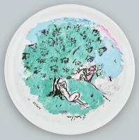 Porcelán dísztányér, jelzett, kopásokkal, d: 33 cm