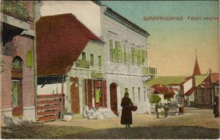 Bánffyhunyad, Huedin; Fő tér, Goldstein Bernát bádogos, Diamantstein Nándor üzlete / main square, shops