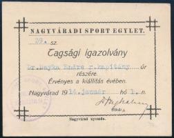 1914 Nagyváradi Sport Egylet tagsági igazolványa nagyváradi rendőrkapitány részére