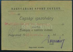 1913 Nagyváradi Sport Egylet tagsági igazolványa nagyváradi rendőrkapitány részére