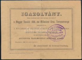 1896 Igazolvány a Magyar Tanulók 1896. évi Milleniumi Orsz. Tornaversenyére, amely ingyenes szállást és jutányos étkezést biztosít a versenyre, hajtásnyommal, pecséttel.