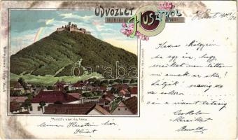 1901 Huszt, Chust; vár és tere. Mermelstein Fülöp kiadása 4127. / castle and square. Art Nouveau, floral, litho (EK)