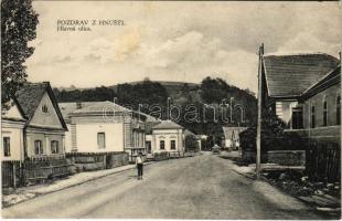 Nyustya, Hnústa, Hnústi; Hlavná ulica / Fő utca. Juraj Takác kiadása / main street