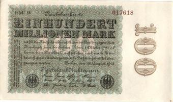 Német Birodalom / Weimari Köztársaság 1923. 100.000.000M (4x) közeli sorszámokkal T:II+,II