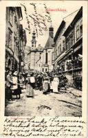 1904 Selmecbánya, Schemnitz, Banská Stiavnica; Deák Ferenc utca, piac, üzletek. Joerges Á. özv. és fia kiadása / street, market, shops (Rb)