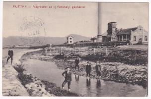 1912 Ruttka, Vrútky; Vág részlet, Kassa-Oderbergi Vasút (KsOD, KOV) új főműhelye és gépházá / Váh riverside, machine house of the Kosice-Bohumín Railway station, main workshop