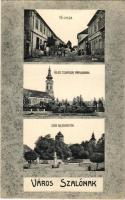 1907 Városszalónak, Stadtschlaining; Fő utca, Ágostai evangélikus templom és paplak, Vár bejárata / Kirche und Pfarrhaus, Schlosseingang / church and parish, castle entry. Art Nouveau (fa)