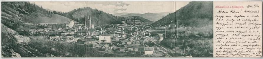 1902 Zólyombrézó, Podbrezová; Kőbánya, iparvasút, vonatok. 3-részes kinyitható panorámalap / mine, industrial railway. 3-tiled folding panoramacard