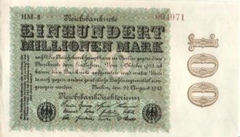 Német Birodalom / Weimari Köztársaság 1923. 100.000.000M (2x) közeli sorszámokkal T:II