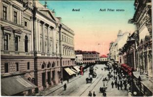 Arad, Acél Péter strato / Acél Péter utca, autóbusz, üzletek. Eszperantó reklám a hátoldalon / street view, autobus, shops. Esperanto advertisement on the backside (EK)