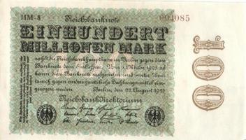 Német Birodalom / Weimari Köztársaság 1923. 100.000.000M (2x) közeli sorszámokkal T:II