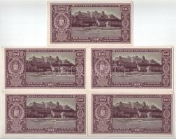1945. 100P (5x) sorszámkövetők "E 321 021266 - E 321 021270" T:AU / Hungary 1945. 100 Peng...