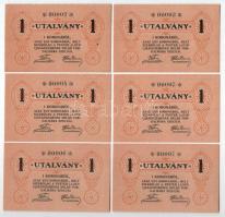 Budapest ~1920. 1K "Pester Lloyd" utalvány (6x) sorszámkövetők "00002-00007", hátoldalon bélyegző nélkül T:UNC,AU / Hungary / Budapest ~1920. 1 Korona "Pester Lloyd" voucher (6x) with consecutive serials "00002-00007", on the back without cancellation C:UNC,AU Adamo BUC-212.1.1