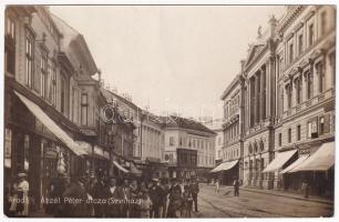 1909 Arad, Aczél Péter utca, Színház, Fehér Kereszt szálloda, Huppert Henrik üzlete / street view, theatre, hotel, shops (EK)