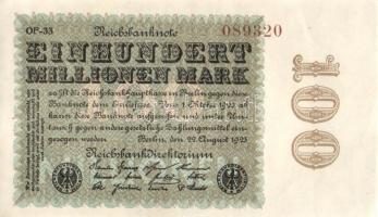 Német Birodalom / Weimari Köztársaság 1923. 100.000.000M (2x) egymás utáni sorszámokkal T:I-