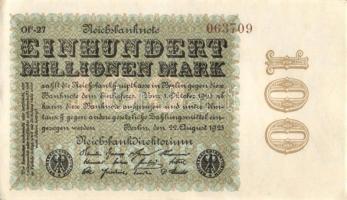 Német Birodalom / Weimari Köztársaság 1923. 100.000.000M (2x) egymás utáni sorszámokkal T:I