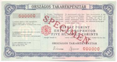 ~1970. "Országos Takarékpénztár" csekk 500Ft "SPECIMEN (MINTA)" bélyegzéssel, "000"-ás sorszámmal T:AU / Hungary ~1970. "Országos Takarékpénztár" cheque 500 Forint with "SPECIMEN (MINTA)" overprint and "000" serial number C:AU