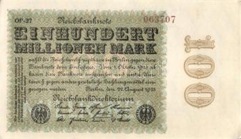 Német Birodalom / Weimari Köztársaság 1923. 100.000.000M (3x) egymás utáni sorszámokkal T:I-