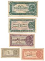 Jugoszlávia 1944. 1D + 20D + 50D + 100D + 1000D T:F Yugoslavia 1944. 1 Dinar + 20 Dinara + 50 Dinara + 100 Dinara + 1000 Dinara C:F