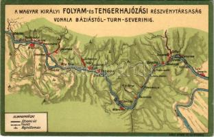 A Magyar Királyi Folyam- és Tengerhajózási Részvénytársaság (MFTR) vonala Báziástól Szörényvárig / Map of The Royal Hungarian River and Sea Shipping Lines Company, line between Bazias and Turnu Severin. Klösz Gy. és Fia litho (ázott sarok / wet corner)