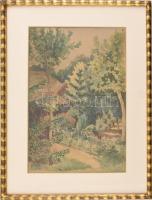 László János (?-?): Virágzó kert, 1929. Akvarell, papír, jelzett. Üvegezett fakeretben. 30x20 cm.