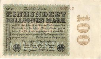 Német Birodalom / Weimari Köztársaság 1923. 100.000.000M (4x) egymás utáni sorszámokkal T:I-