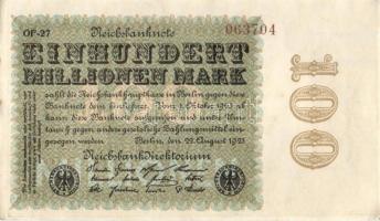 Német Birodalom / Weimari Köztársaság 1923. 100.000.000M (4x) egymás utáni sorszámokkal T:I-