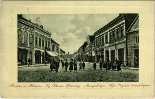 1916 Szávaszentdemeter, Mitrovice, Mitrovitz an der Save, Sremska Mitrovica; Trg. Khuena Héderváry / tér, Takarékpénztár, üzletek / square, shops, savings bank. W.L. Bp. 877. R. Popovica (EB)