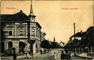 1911 Késmárk, Kezmarok; Kossuth Lajos utca, Kiefer Felix üzlete, Schicht szappan reklám. W. L. Bp. 2904. / street view, shops, soap advertisement (szakadások / tears)