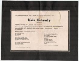 1977 Kós Károly (1883-1977) építész, író halálozási értesítője, foltos, hajtott, kis szakadással.