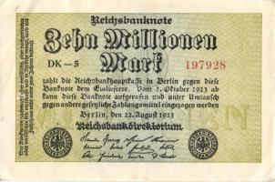 Német Birodalom / Weimari Köztársaság 1923. 10.000.000M (6x) közte közeli sorszámokkal, kétféle vízj...