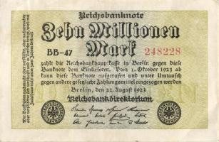 Német Birodalom / Weimari Köztársaság 1923. 10.000.000M (6x) közte közeli sorszámokkal, kétféle vízj...