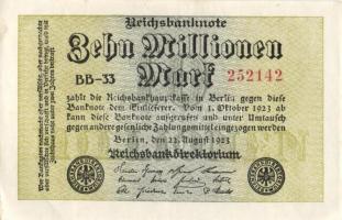 Német Birodalom / Weimari Köztársaság 1923. 10.000.000M (6x) közte közeli sorszámokkal, kétféle vízj...