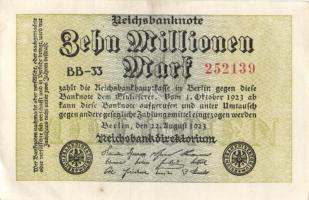 Német Birodalom / Weimari Köztársaság 1923. 10.000.000M (6x) közte közeli sorszámokkal, kétféle vízj...